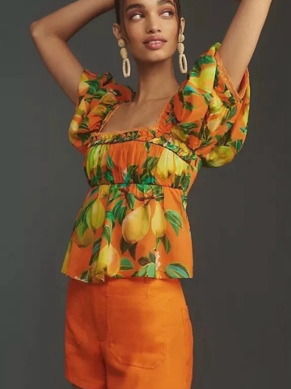 Farm Rio Women's pear tropic Print Puff-Sleeve short sleeve halter top